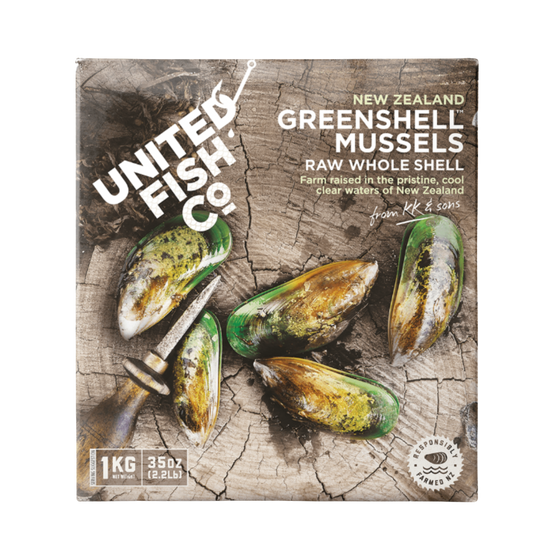 (9800) United Fish Co Mussels Raw Whole Greenshell 1kg