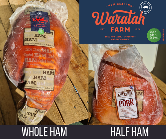 Duroc NZ Ham, cooked on the Bone half and whole (half ham 5-7kg whole ham 9-13kg.   Price Per/KG